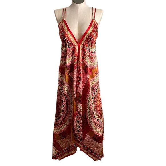 Classique Womens Boho Vixen Deep V Slip Maxi Dress OS Red Knife Hem Kerchief - Picture 1 of 6